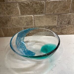 HAND BLOWN Crystal BOWL HEAVY GREEN Blue Swirl WHITE Bulicante On Clear Textured